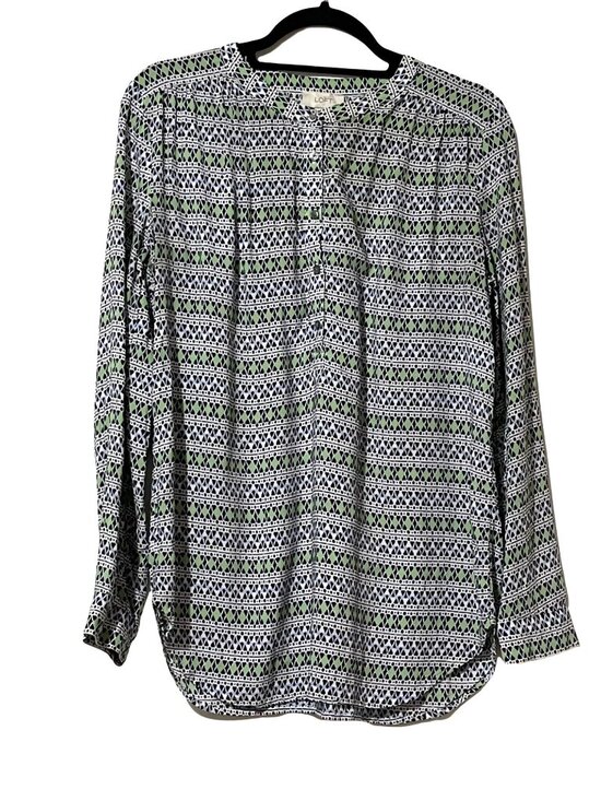 Loft Womens Size M Black & Green Geometric Long Sleeve Blouse 100% Rayon - Picture 1 of 9